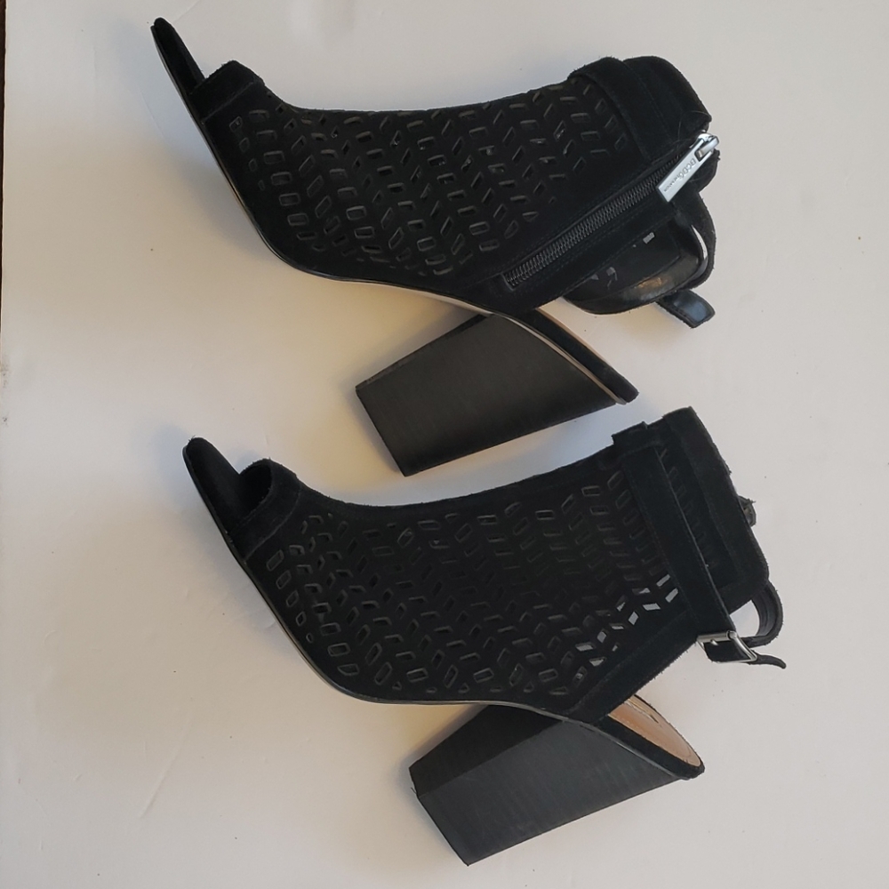 BCBGeneration Black Suede Weave Design Open Toed Buckled Booties, Size 10